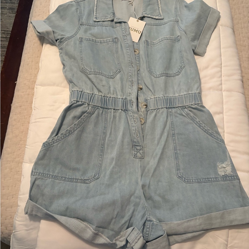 Show Me Your MuMu Light Blue Denim Romper